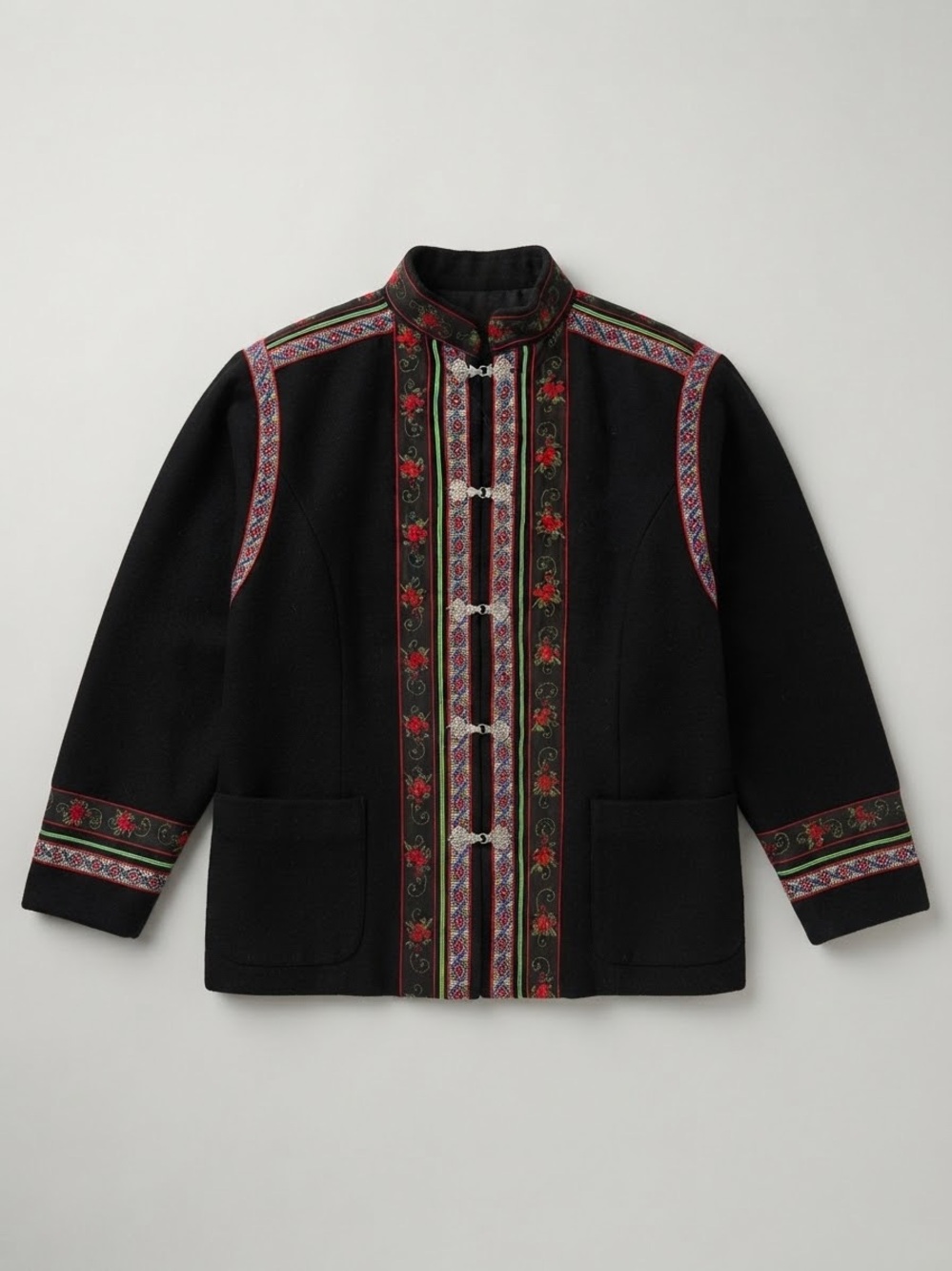 Vintage Norwegian Nordic Wool Folk Jacket Black Floral Embroidered Silver Clasps